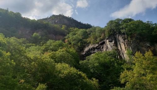 Lush green trees cover a rocky hillside under a partly cloudy sky, with a mountain peak in the background.