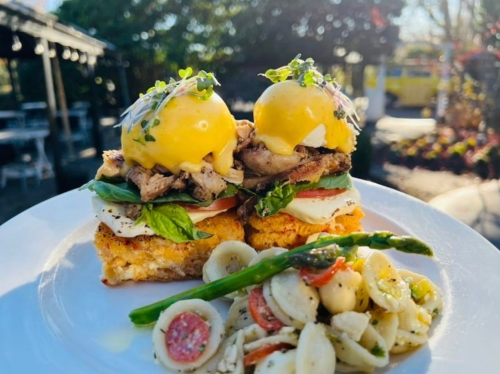 A plate featuring two eggs Benedict with chicken, basil, and tomato, served with asparagus and pasta salad on the side.