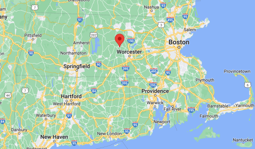 Map showing the northeastern United States with a red marker indicating Worcester, Massachusetts.