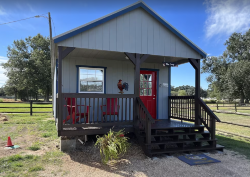 A small blue house with a red door and porch, surrounded by grass and trees, featuring a rooster decoration.