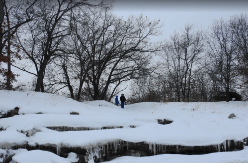 Two people walking on a snowy path surrounded by bare trees in a winter landscape.