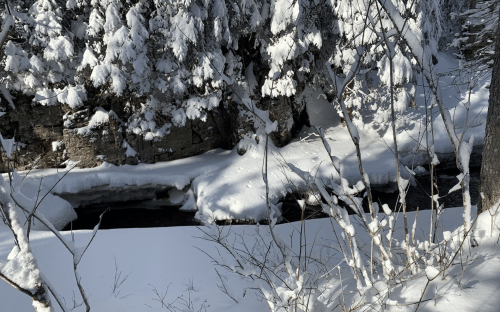 A snowy landscape with a river partially covered by snow, surrounded by trees and a rocky cliff.