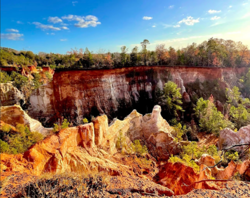 A vibrant canyon landscape with red and orange rock formations, lush greenery, and a clear blue sky.