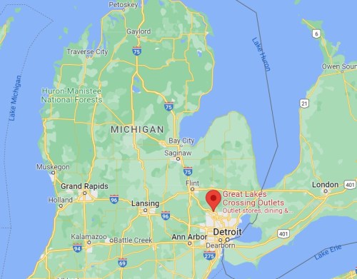 Map of Michigan highlighting Detroit and the Great Lakes Crossing Outlets location.