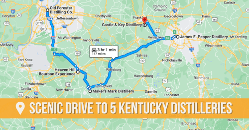 Map showing a scenic drive route to five Kentucky distilleries, including Old Forester and Maker's Mark.