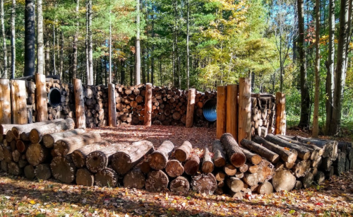 A circular play area made of logs and wooden structures, surrounded by trees with autumn foliage.