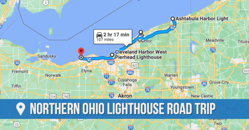 Map showing a road trip route along Northern Ohio's coastline, highlighting lighthouses and travel time.
