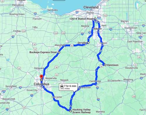 Map showing a route from Columbus to Cleveland, highlighting major stops and a total distance of 392 miles.
