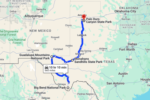 Map showing a route from Big Bend National Park to Palo Duro Canyon State Park, highlighting a 10-hour drive over 660 miles.