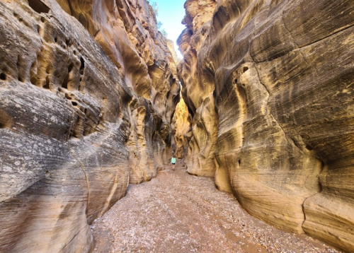 A narrow canyon with smooth, layered rock walls and a sandy floor, leading to a distant figure in the background.