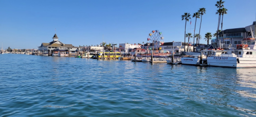 A sunny waterfront scene with boats docked, palm trees, and a ferris wheel along a lively boardwalk.