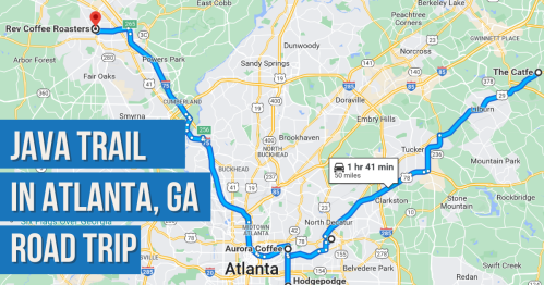 Map showing the Java Trail road trip route in Atlanta, GA, highlighting coffee stops and travel time of 1 hour 41 minutes.