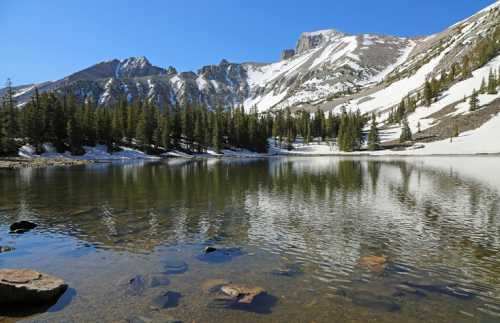 A serene mountain lake surrounded by snow-capped peaks and evergreen trees under a clear blue sky.