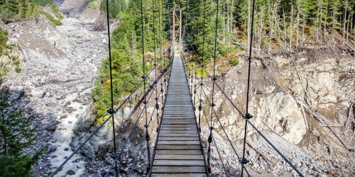 A wooden suspension bridge spans a rocky gorge, surrounded by lush green trees and a river below.
