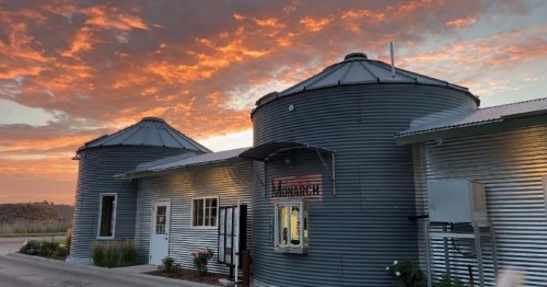 The exterior of the Coffee Bin, a unique coffee shop inside grain bins in North Platte, Nebraska.