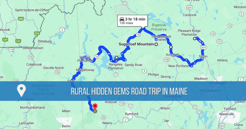 Map showing a scenic road trip route through rural Maine, highlighting hidden gems and key locations.