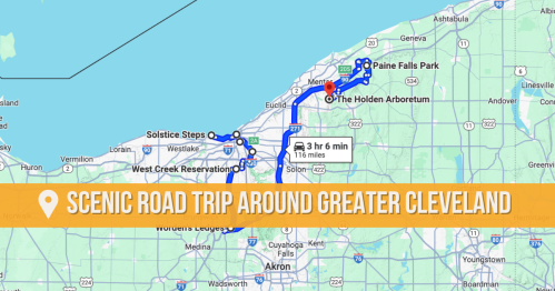 Map showing a scenic road trip route around Greater Cleveland, highlighting key stops and total travel time.