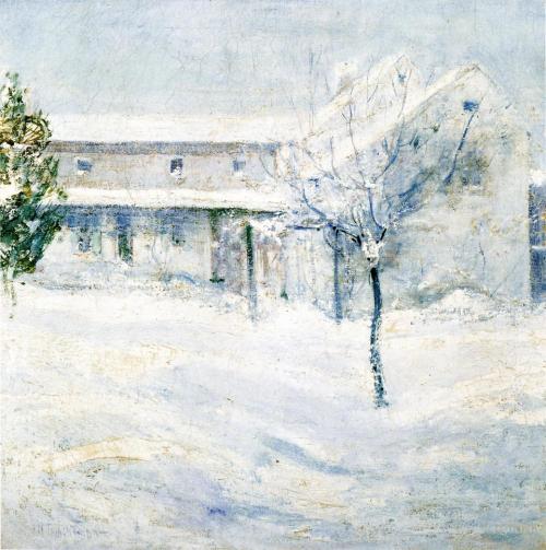 A snowy landscape featuring a white house and a bare tree, creating a serene winter scene.