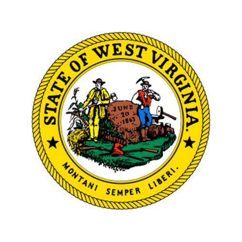 Seal of West Virginia featuring two men, a date, and the motto "Montani Semper Liberi" on a yellow background.