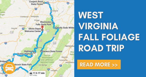 Map highlighting a West Virginia fall foliage road trip route with key locations and travel time.