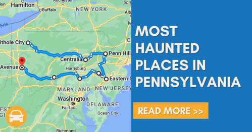 Map highlighting a route to the most haunted places in Pennsylvania, with a call to action to read more.
