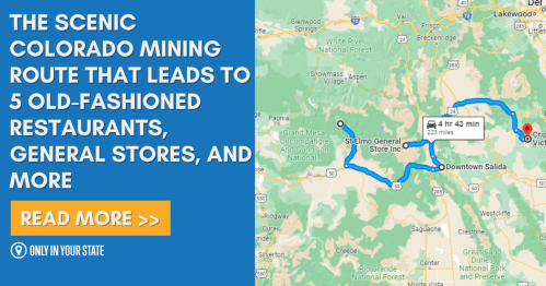 Map highlighting a scenic Colorado mining route to old-fashioned restaurants and general stores.