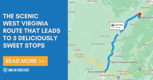 Map highlighting a scenic route in West Virginia with directions to five sweet stops, featuring a "Read More" button.