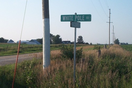 A green street sign for "White Pole Rd" beside a rural road with fields and a distant farm in the background.