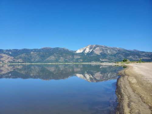 A serene lake reflecting mountains under a clear blue sky, with a sandy shore in the foreground.