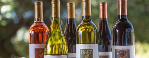 A selection of wine bottles in various colors, featuring labels with the name "HART" prominently displayed.