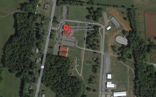 Aerial view of Washington County Agricultural Education, surrounded by fields and roads.