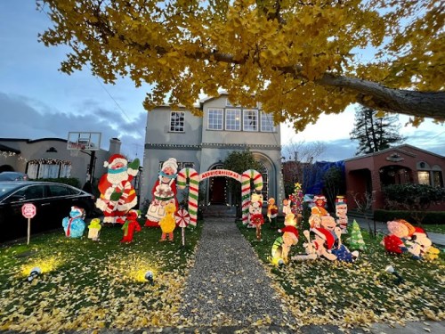 A festive house decorated with colorful Christmas lights and characters, surrounded by fallen leaves.