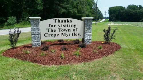 Sign welcoming visitors to the Town of Crepe Myrtles, surrounded by landscaped flowers and mulch.