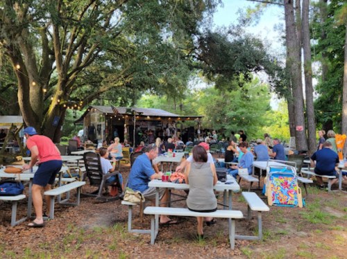 A lively outdoor gathering with people seated at picnic tables under trees, enjoying food and music.