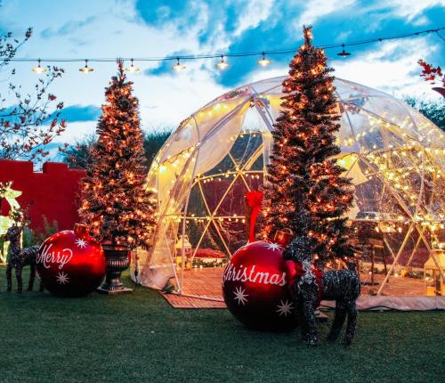 A festive outdoor scene with a geodesic dome, decorated Christmas trees, and large red ornaments reading "Merry" and "Christmas."