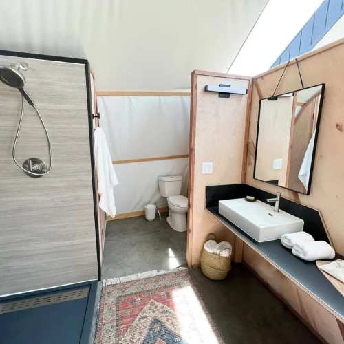 A modern bathroom featuring a shower, toilet, sink, and wooden accents, with a rug on the floor.