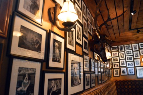 A cozy interior with framed black-and-white photos of dogs and mounted antlers on the walls. Warm lighting enhances the atmosphere.