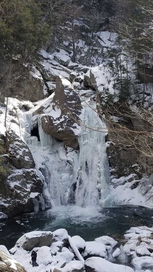 A frozen waterfall surrounded by snow-covered rocks and trees, with a person standing nearby for scale.