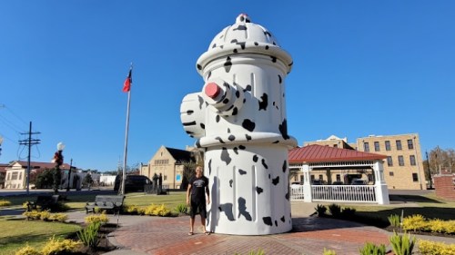 A person stands next to a giant fire hydrant painted like a cow, with buildings and a flag in the background.