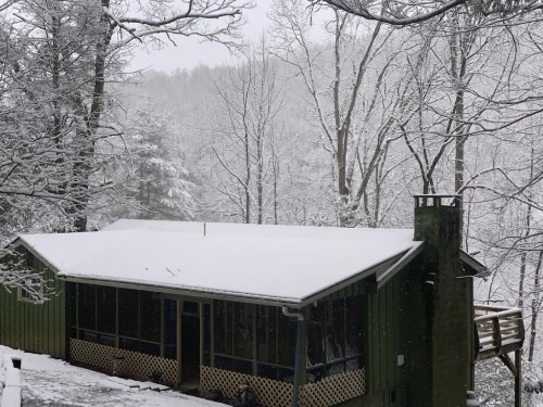 A snow-covered cabin surrounded by trees in a winter landscape, with a light snowfall in the background.