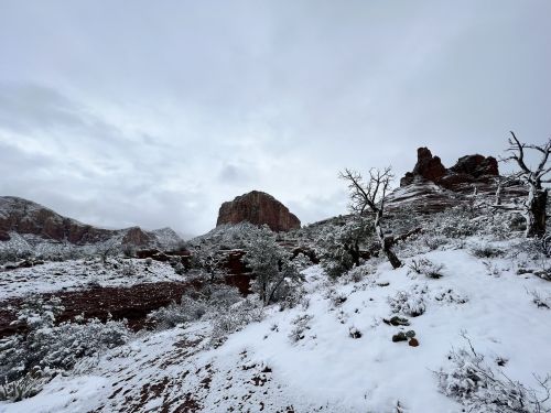 A snowy landscape featuring red rock formations and sparse vegetation under a cloudy sky.