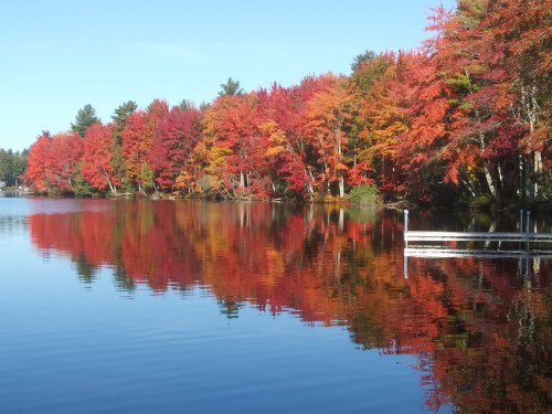A serene lake reflecting vibrant autumn foliage in shades of red and orange, with a wooden dock in the foreground.