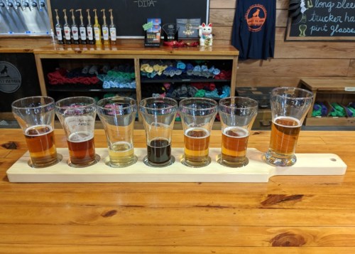 A wooden flight paddle holds eight glasses of different beers on a wooden bar top.