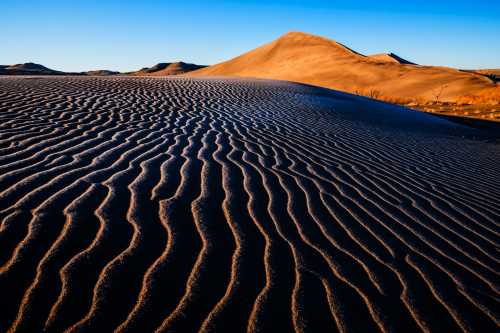 A vast desert landscape with rippled sand dunes under a clear blue sky and a prominent sand peak in the background.