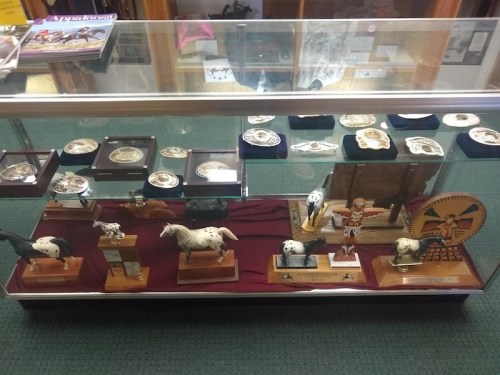 Display case featuring various horse figurines, plaques, and decorative items on a maroon cloth background.