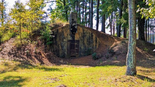 A weathered bunker entrance surrounded by trees and greenery, set in a grassy area.