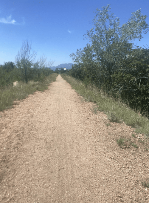 A dirt path stretches into the distance, flanked by greenery and under a clear blue sky.