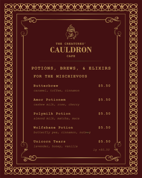 Menu for "The Creatures' Cauldron Cafe" featuring potions and elixirs with prices, including Butterbrew and Unicorn Tears.