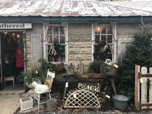 A rustic shop with a stone facade, decorated with greenery and signs, featuring a white duck and a "PEACE" display.