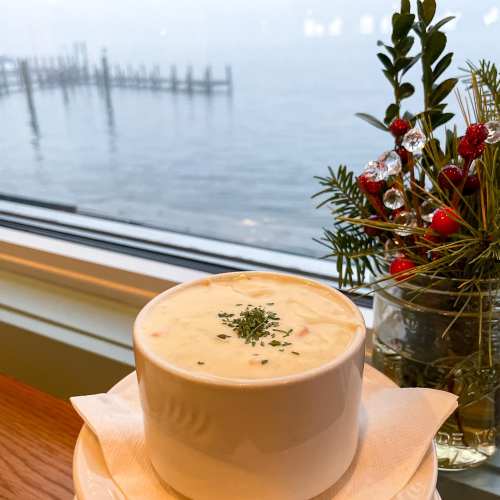 A bowl of creamy soup garnished with herbs, with a scenic view of a pier and greenery in the background.